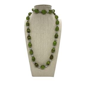 FASHION GREEN AND SILVER PLASTIC BEADED NECKLACE - 33” Estate Swirl Design